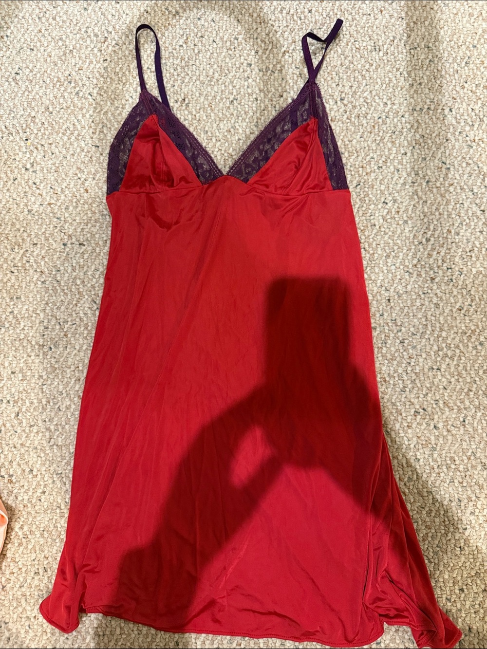 Victoria's Secret Red Satin Slip with Purple Lace Accents